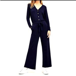 Lou & Grey Signaturesoft Navy Wide Leg Button Front Drawstring Jumpsuit M
